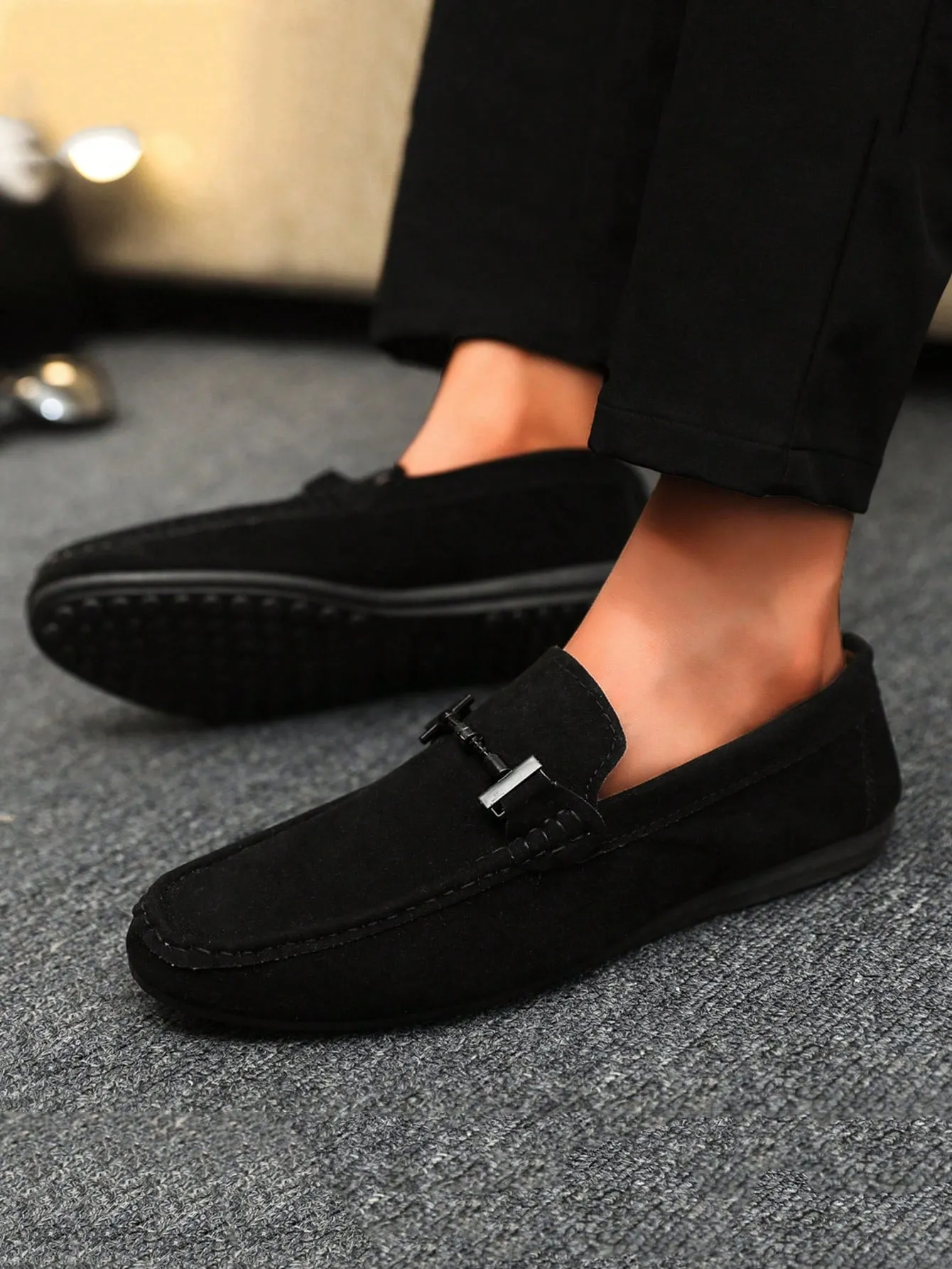4-Season Men's Loafers New Casual Shoes Versatile Moccasins Slip-On Fabric Flats Leather Dress Shoes, Black, Runs Small By 1 Size