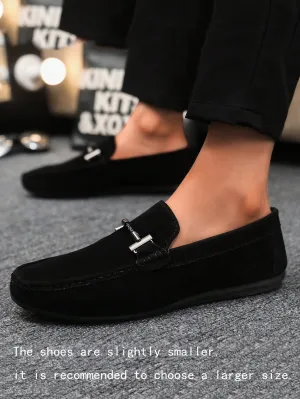 4-Season Men's Loafers New Casual Shoes Versatile Moccasins Slip-On Fabric Flats Leather Dress Shoes, Black, Runs Small By 1 Size