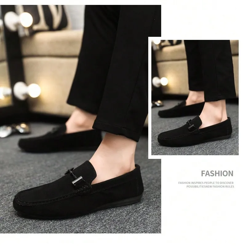 4-Season Men's Loafers New Casual Shoes Versatile Moccasins Slip-On Fabric Flats Leather Dress Shoes, Black, Runs Small By 1 Size