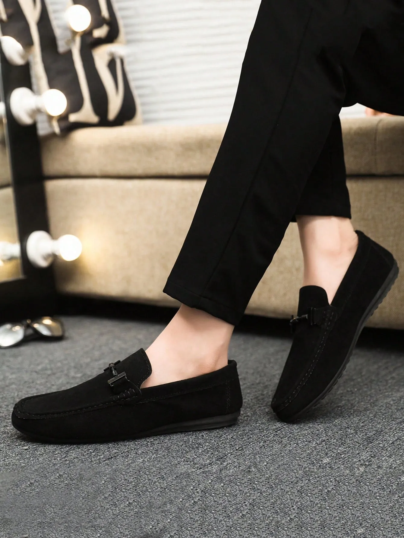 4-Season Men's Loafers New Casual Shoes Versatile Moccasins Slip-On Fabric Flats Leather Dress Shoes, Black, Runs Small By 1 Size