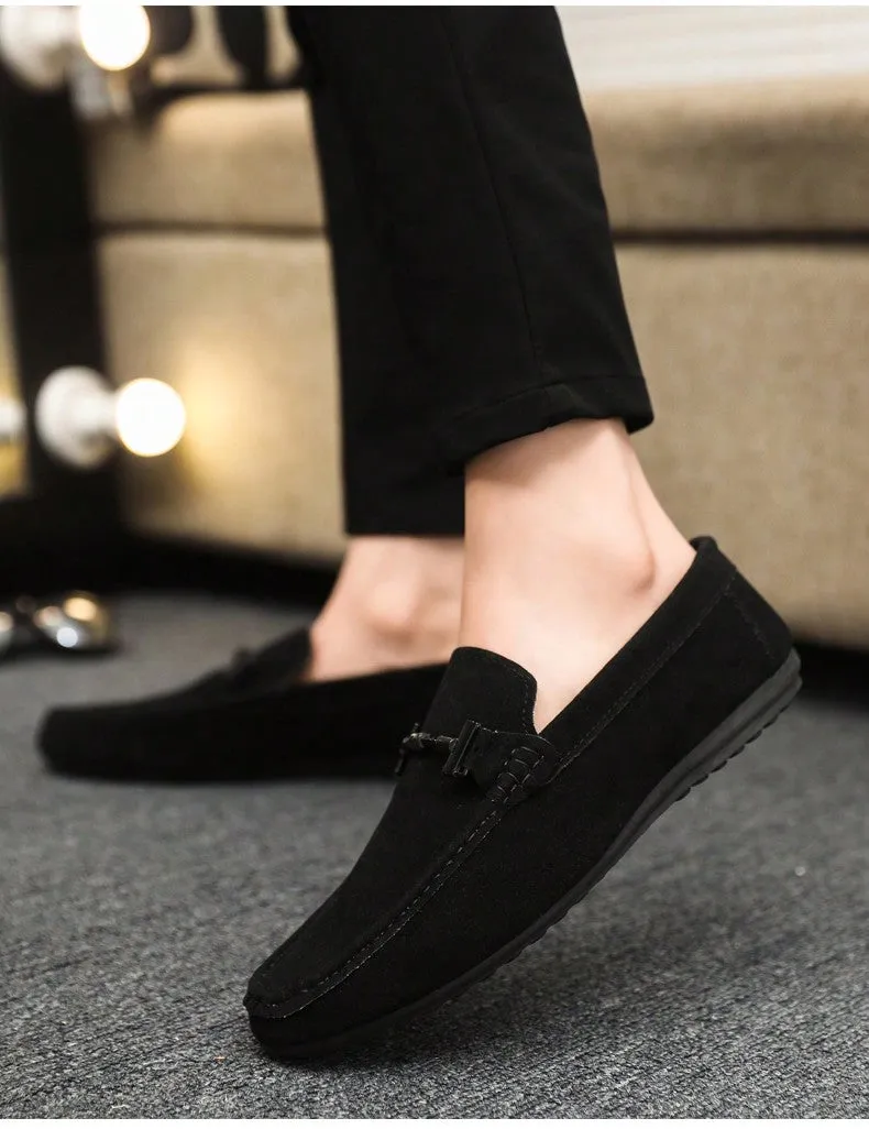 4-Season Men's Loafers New Casual Shoes Versatile Moccasins Slip-On Fabric Flats Leather Dress Shoes, Black, Runs Small By 1 Size