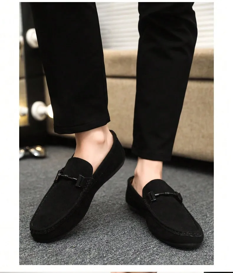 4-Season Men's Loafers New Casual Shoes Versatile Moccasins Slip-On Fabric Flats Leather Dress Shoes, Black, Runs Small By 1 Size