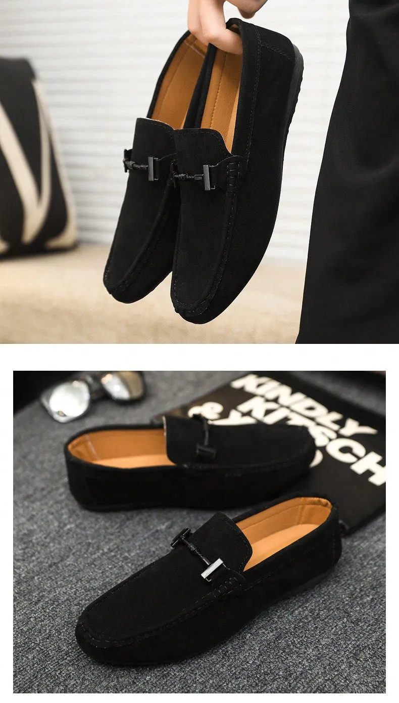 4-Season Men's Loafers New Casual Shoes Versatile Moccasins Slip-On Fabric Flats Leather Dress Shoes, Black, Runs Small By 1 Size