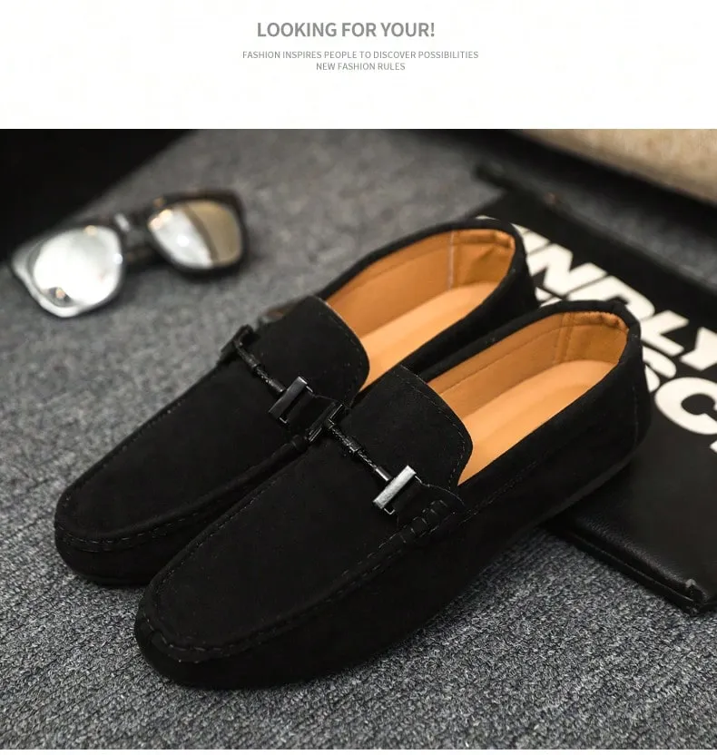 4-Season Men's Loafers New Casual Shoes Versatile Moccasins Slip-On Fabric Flats Leather Dress Shoes, Black, Runs Small By 1 Size