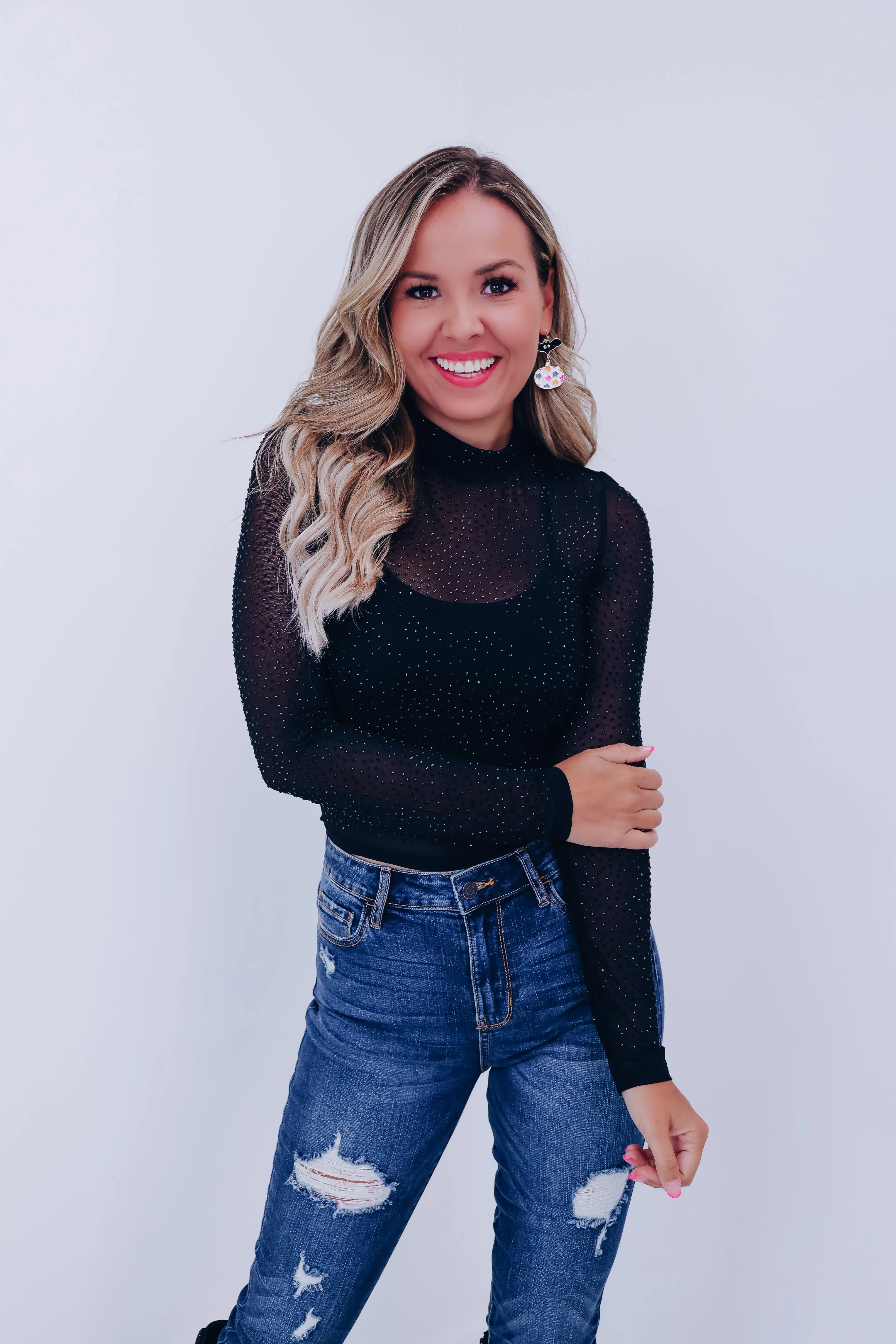 Harper Rhinestone Mesh Crop Top - Black