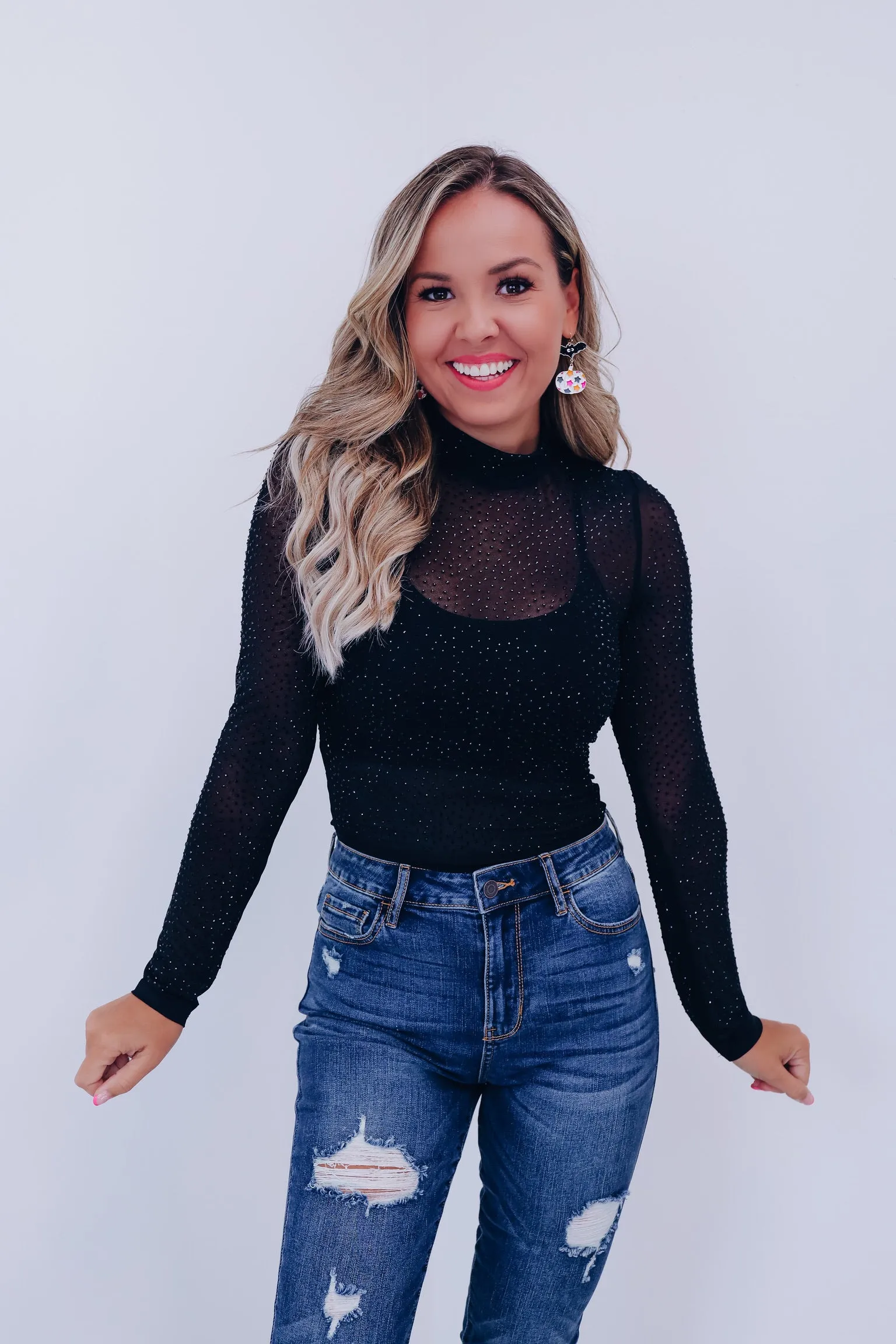 Harper Rhinestone Mesh Crop Top - Black