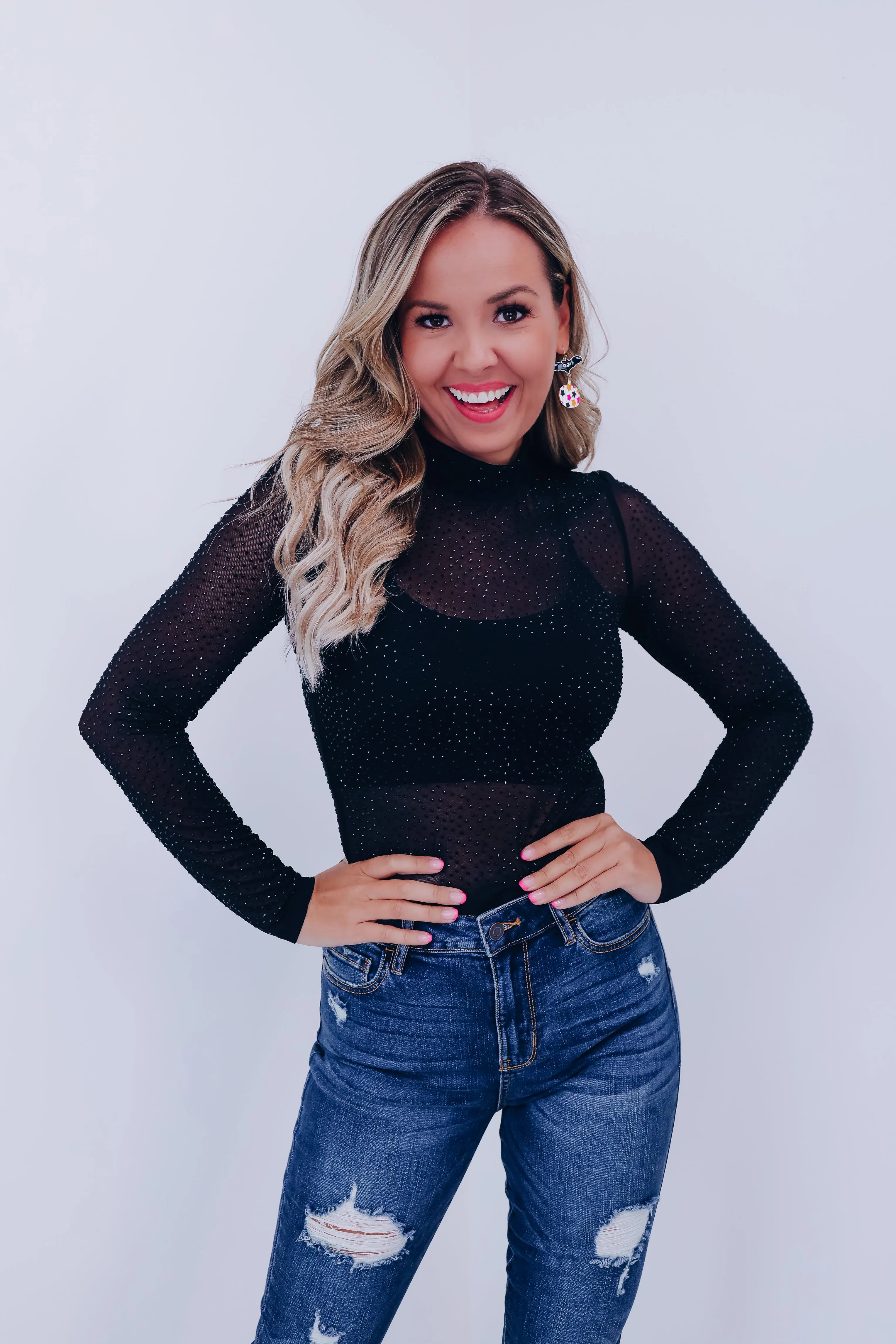 Harper Rhinestone Mesh Crop Top - Black