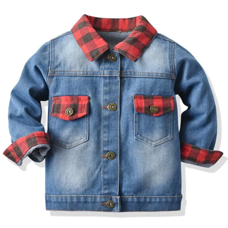 Kids Black And Red Plaid Fake Two Piece Denim Jeans Jacket