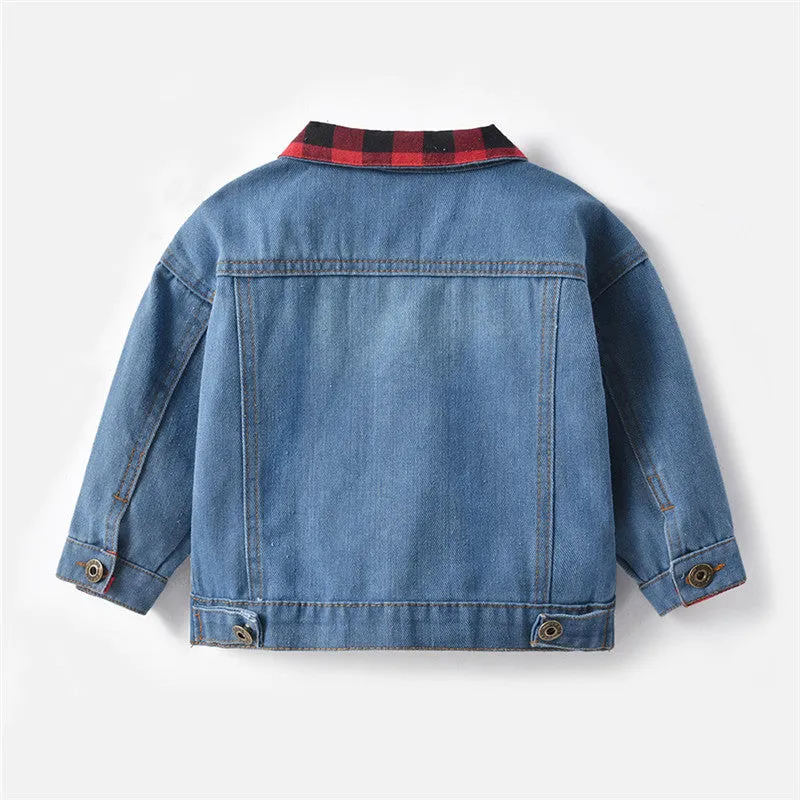 Kids Black And Red Plaid Fake Two Piece Denim Jeans Jacket