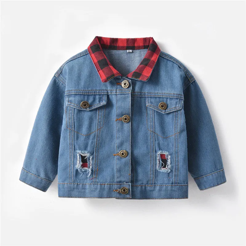 Kids Black And Red Plaid Fake Two Piece Denim Jeans Jacket