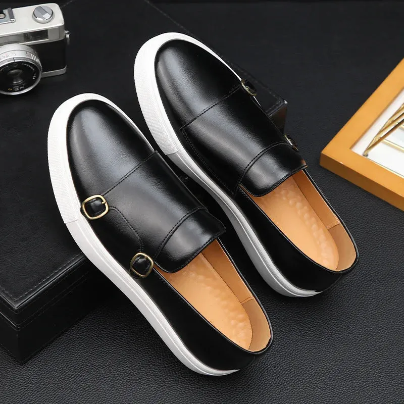 Men’s Casual Leather Slip-On Loafers – British Style Monk Strap Sneakers for Everyday Smart Wear