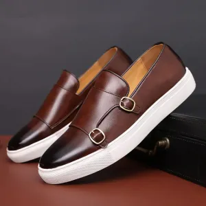 Men’s Casual Leather Slip-On Loafers – British Style Monk Strap Sneakers for Everyday Smart Wear