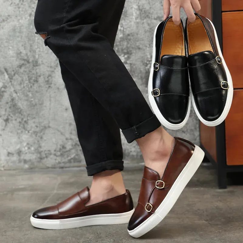 Men’s Casual Leather Slip-On Loafers – British Style Monk Strap Sneakers for Everyday Smart Wear