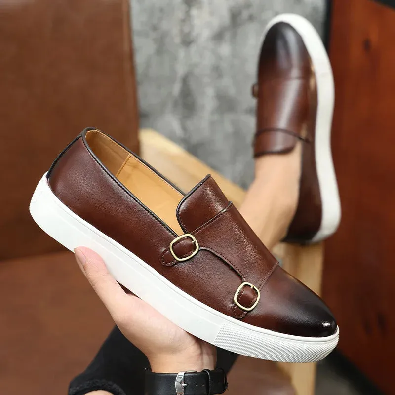 Men’s Casual Leather Slip-On Loafers – British Style Monk Strap Sneakers for Everyday Smart Wear
