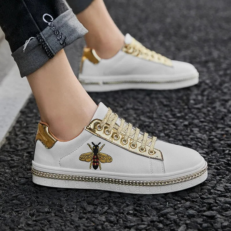 SHOES LUXURY GOLDEN OUTDOOR LOW FLATS WOMEN CASUAL LEATHER SHOES COUPLE GLITTER SNEAKERS WINTER SHOES
