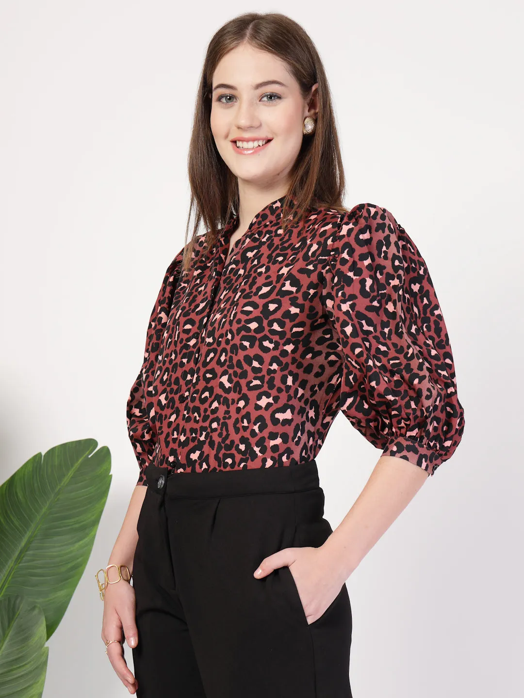 Style Quotient Women Rust Multi Printed Regular Fit Semi Formal Polyester Shirt