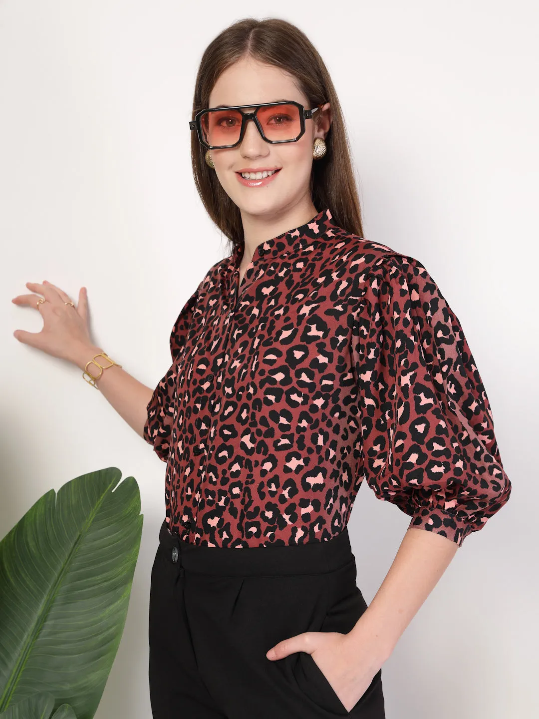 Style Quotient Women Rust Multi Printed Regular Fit Semi Formal Polyester Shirt