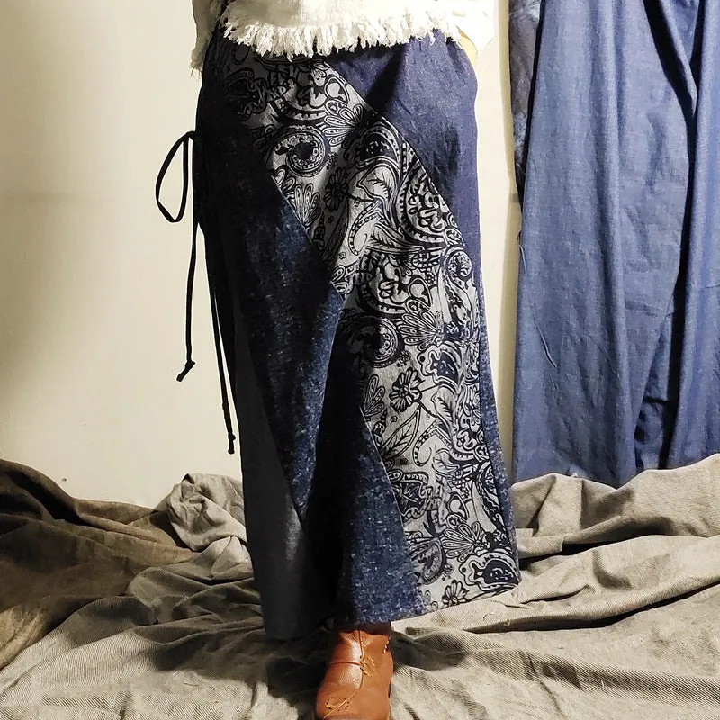 Temperament Commute Retro Half-length Stitching Blue Long Skirt Skirt