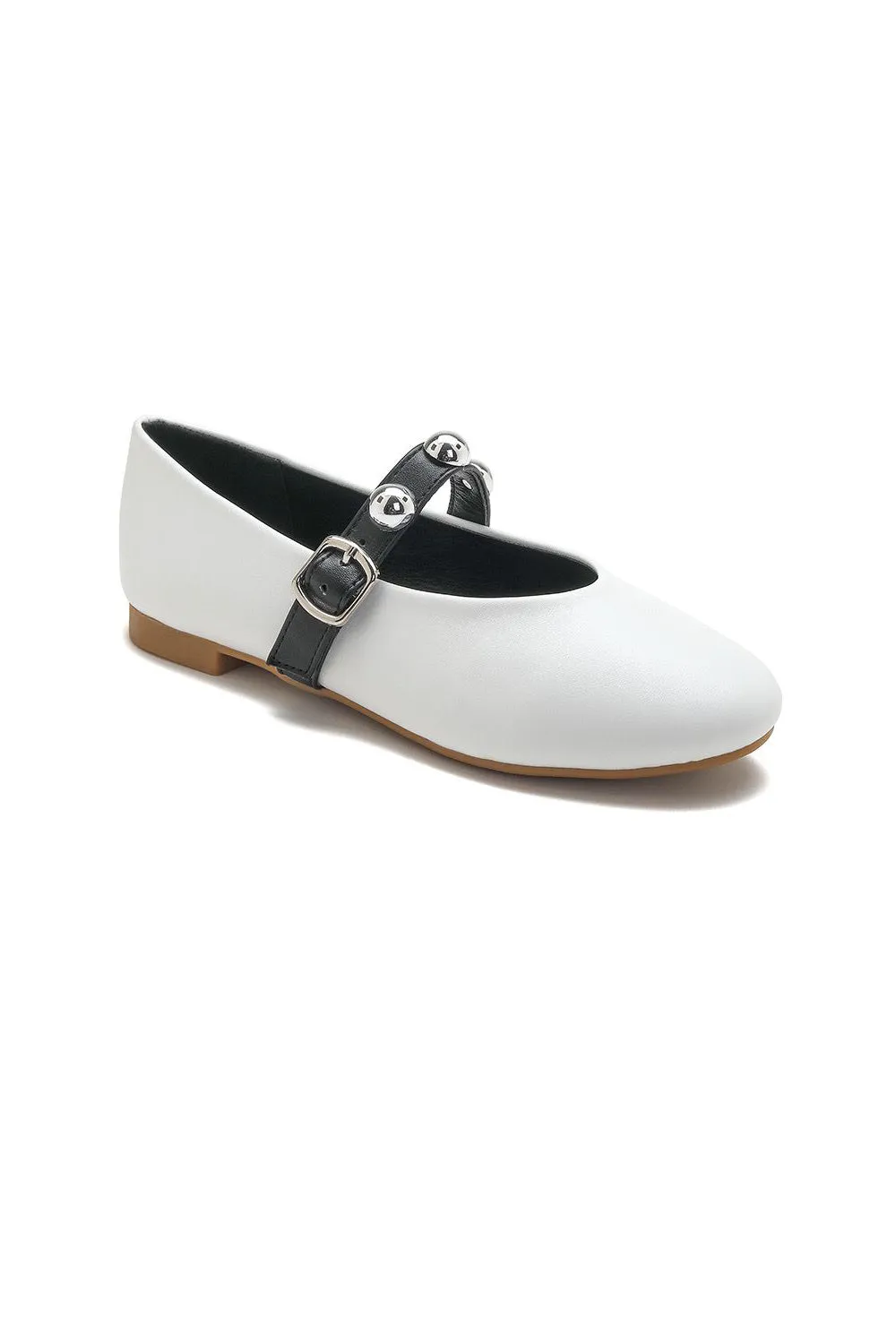 WHITE CROSS STRAP SILVER STUD DETAIL MARY JANE FLAT PUMPS