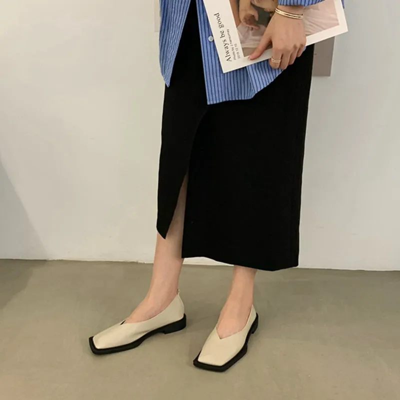 woloong Spring New Flat Shoes Square Toe Square Toe Shallow Mouth Slip on Loafers Ladies Casual Shoes Zapatos Size35-43
