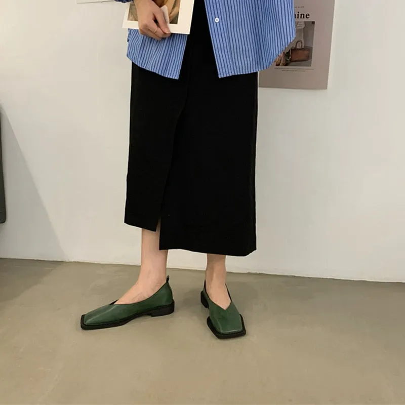 woloong Spring New Flat Shoes Square Toe Square Toe Shallow Mouth Slip on Loafers Ladies Casual Shoes Zapatos Size35-43