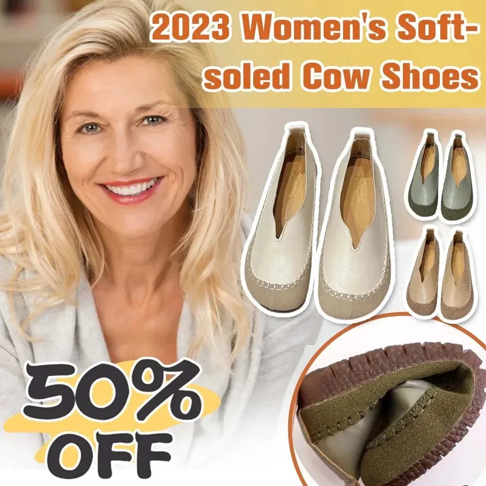 Women Soft-soled Cow Shoes Casual Round Toe Shallow Flat Comfort Soft Leather Loafers Shallow Lightweight Ladies Ballet Flats