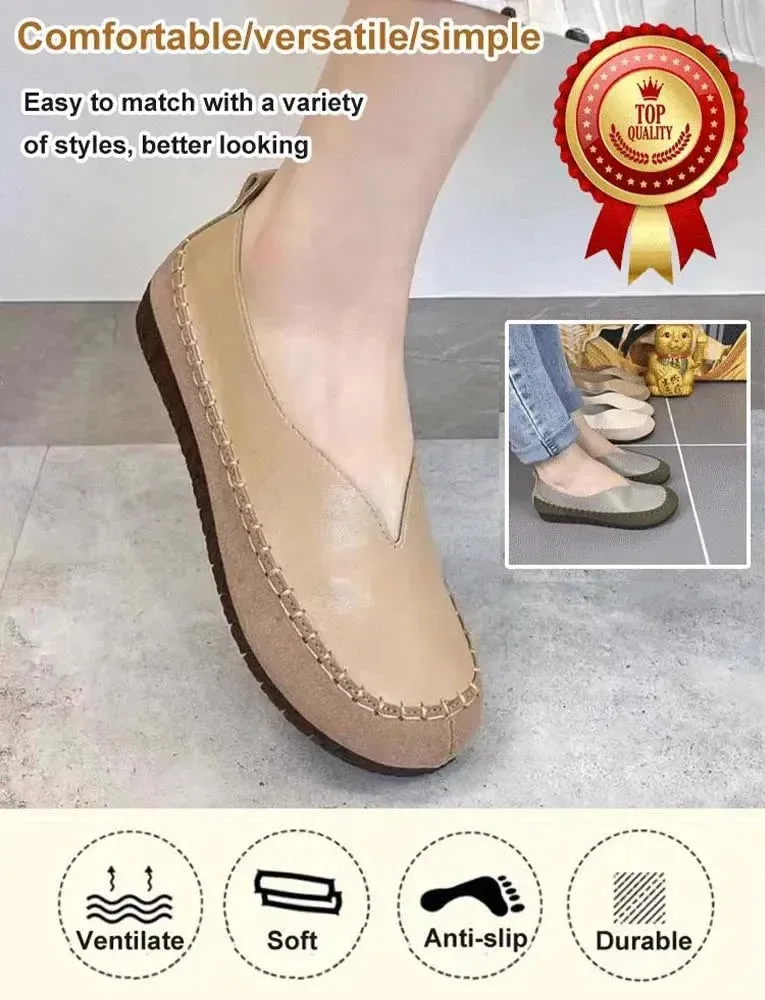 Women Soft-soled Cow Shoes Casual Round Toe Shallow Flat Comfort Soft Leather Loafers Shallow Lightweight Ladies Ballet Flats