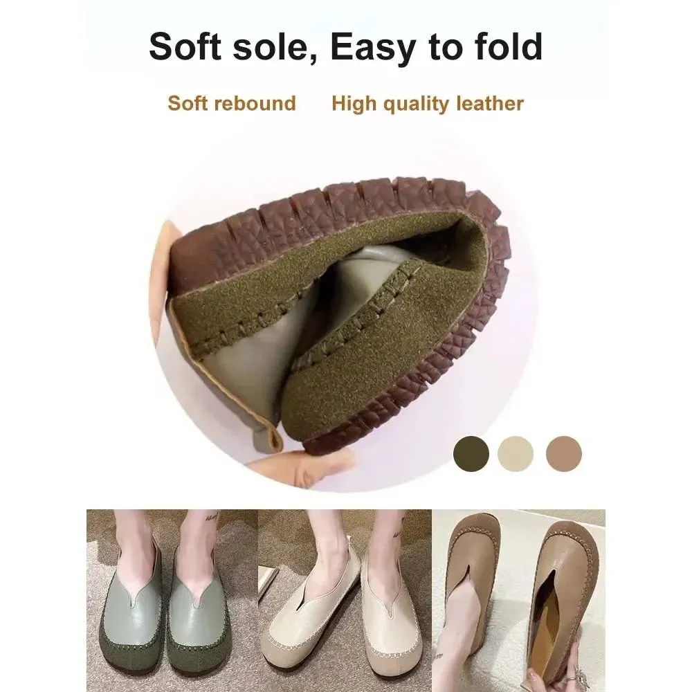 Women Soft-soled Cow Shoes Casual Round Toe Shallow Flat Comfort Soft Leather Loafers Shallow Lightweight Ladies Ballet Flats