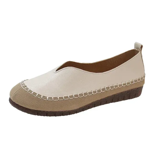 Women Soft-soled Cow Shoes Casual Round Toe Shallow Flat Comfort Soft Leather Loafers Shallow Lightweight Ladies Ballet Flats