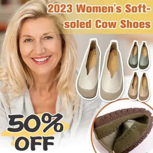Women Soft-soled Cow Shoes Casual Round Toe Shallow Flat Comfort Soft Leather Loafers Shallow Lightweight Ladies Ballet Flats