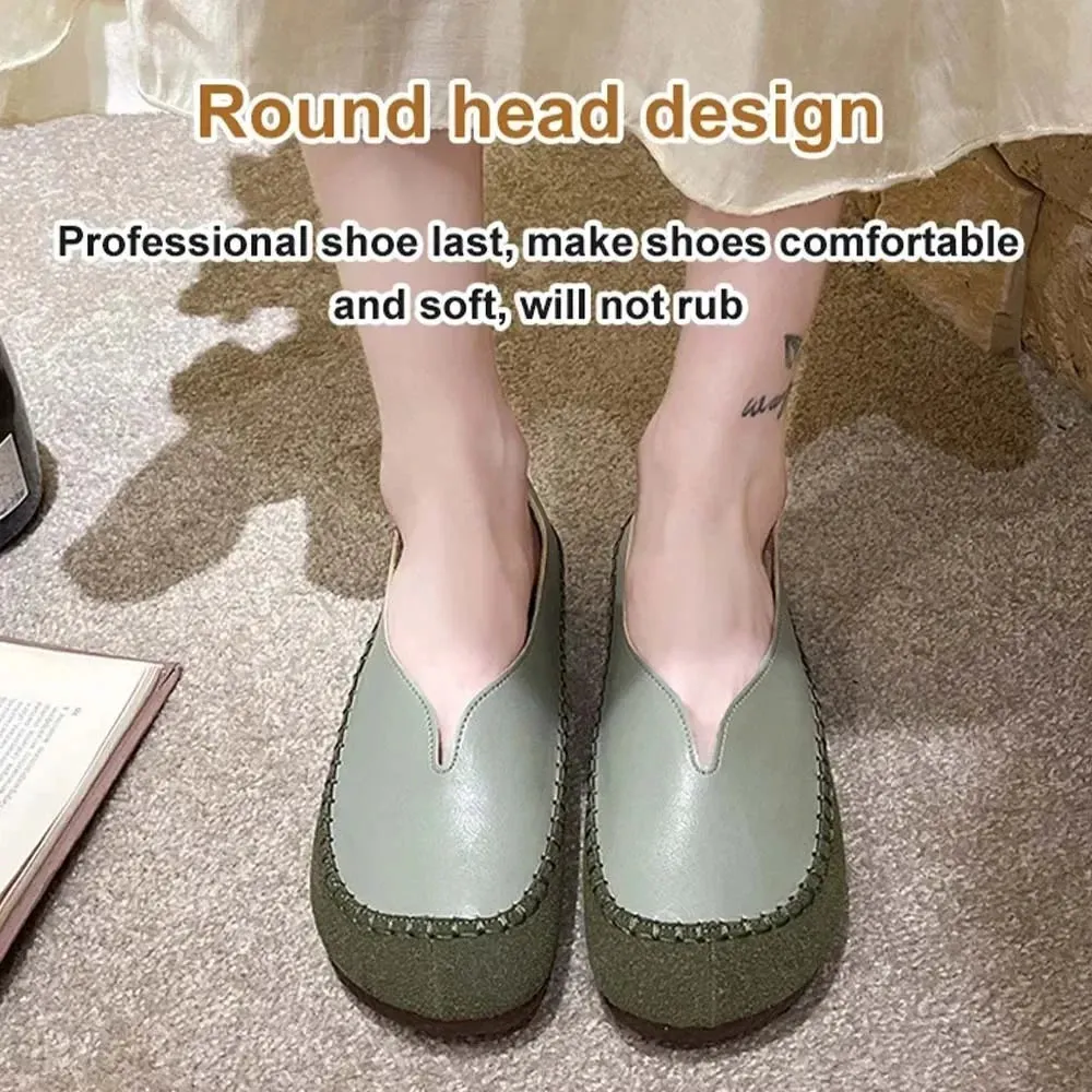 Women Soft-soled Cow Shoes Casual Round Toe Shallow Flat Comfort Soft Leather Loafers Shallow Lightweight Ladies Ballet Flats