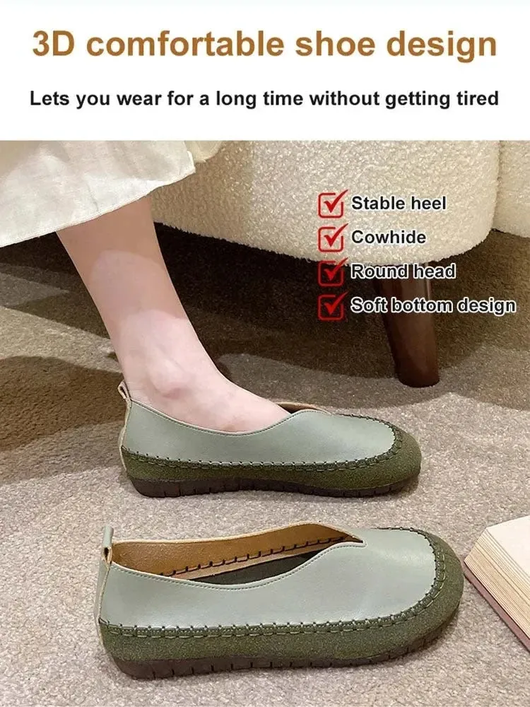 Women Soft-soled Cow Shoes Casual Round Toe Shallow Flat Comfort Soft Leather Loafers Shallow Lightweight Ladies Ballet Flats