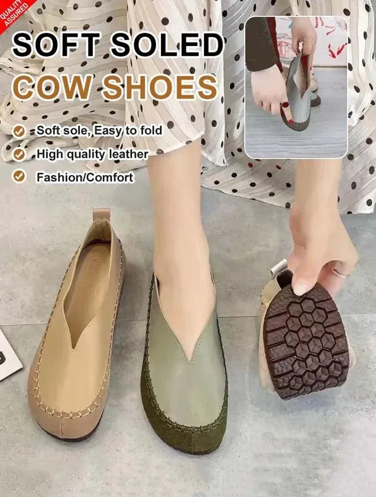 Women Soft-soled Cow Shoes Casual Round Toe Shallow Flat Comfort Soft Leather Loafers Shallow Lightweight Ladies Ballet Flats