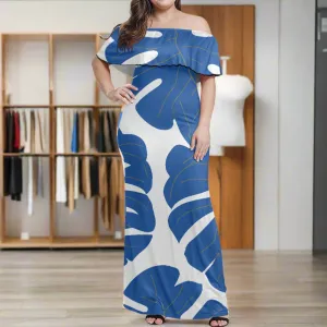 Women's Off-Shoulder Maxi Dress, Tropical Print, Elegant Summer Evening Wear, Luxtrini Designer Gown, Women's Off Shoulder  dress