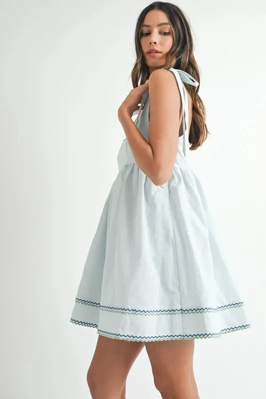 Zig Zag Embroidered Shoulder Tie Mini Dress for Women – Embroidered Mini Dress, Shoulder Tie Dress, Casual Mini Dress, Bohemian Dress, Trendy Dress, Stylish Embroidered Dress