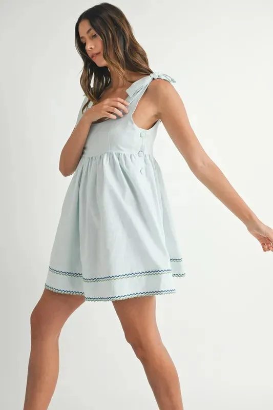 Zig Zag Embroidered Shoulder Tie Mini Dress for Women – Embroidered Mini Dress, Shoulder Tie Dress, Casual Mini Dress, Bohemian Dress, Trendy Dress, Stylish Embroidered Dress