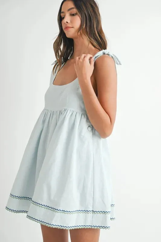 Zig Zag Embroidered Shoulder Tie Mini Dress for Women – Embroidered Mini Dress, Shoulder Tie Dress, Casual Mini Dress, Bohemian Dress, Trendy Dress, Stylish Embroidered Dress