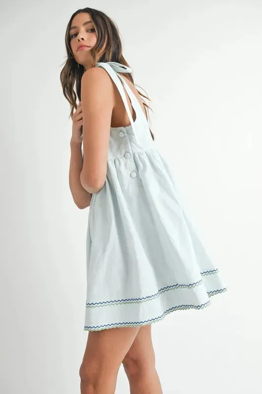 Zig Zag Embroidered Shoulder Tie Mini Dress for Women – Embroidered Mini Dress, Shoulder Tie Dress, Casual Mini Dress, Bohemian Dress, Trendy Dress, Stylish Embroidered Dress