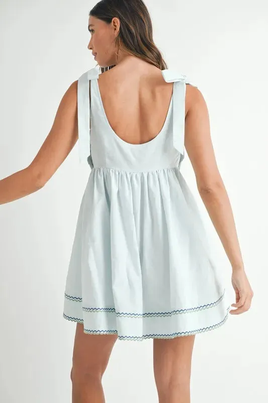Zig Zag Embroidered Shoulder Tie Mini Dress for Women – Embroidered Mini Dress, Shoulder Tie Dress, Casual Mini Dress, Bohemian Dress, Trendy Dress, Stylish Embroidered Dress